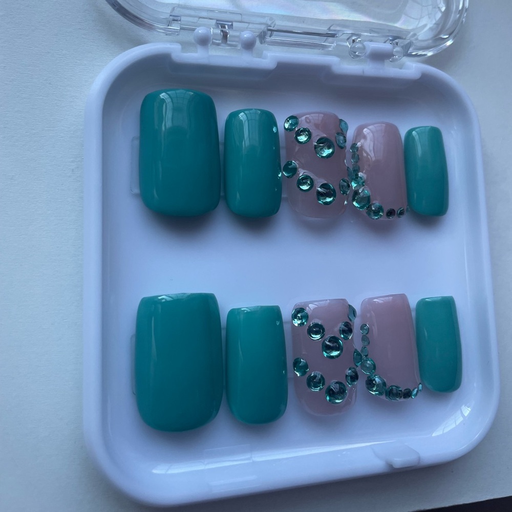 Teal Press-On Nails with Rhinestones- Hand Painted - Picture 2 of 5